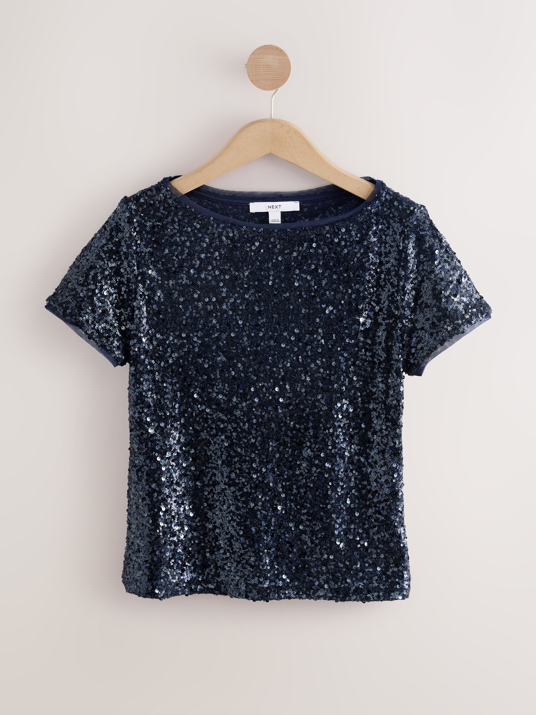 Buy Navy Blue Short Sleeve Slash Neck Sequin T-Shirt from Next USA