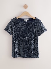 Navy Short Sleeve Slash Neck Sequin T-Shirt - Image 7 of 9