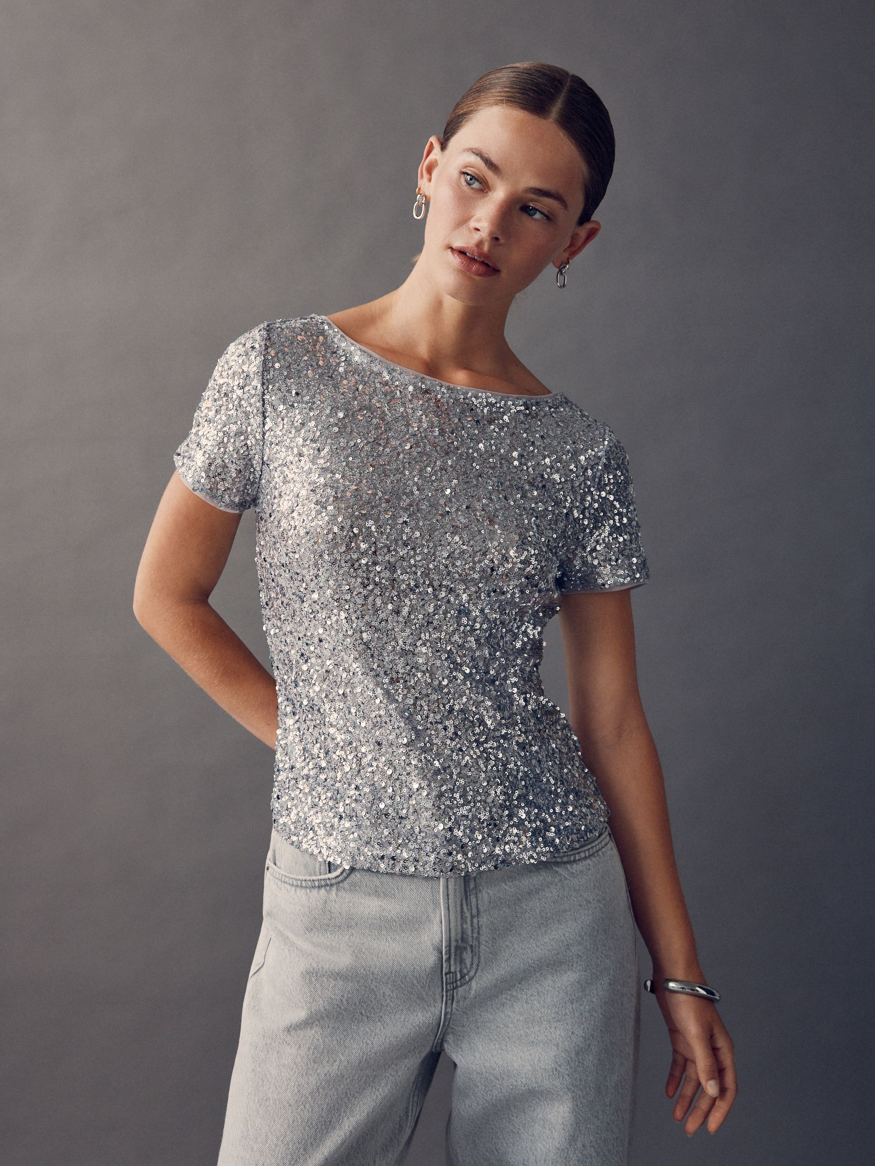 Buy Silver Short Sleeve Slash Neck Sequin T-Shirt from Next USA