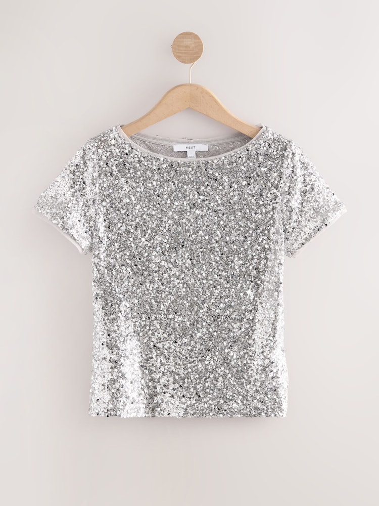 Silver Short Sleeve Slash Neck Sequin T-Shirt - Image 1 of 3