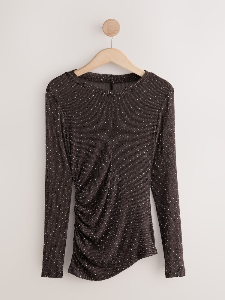 Chocolate Brown Crew Neck Sheer Sparkle Ruched Long Sleeve Top - Image 1 of 3