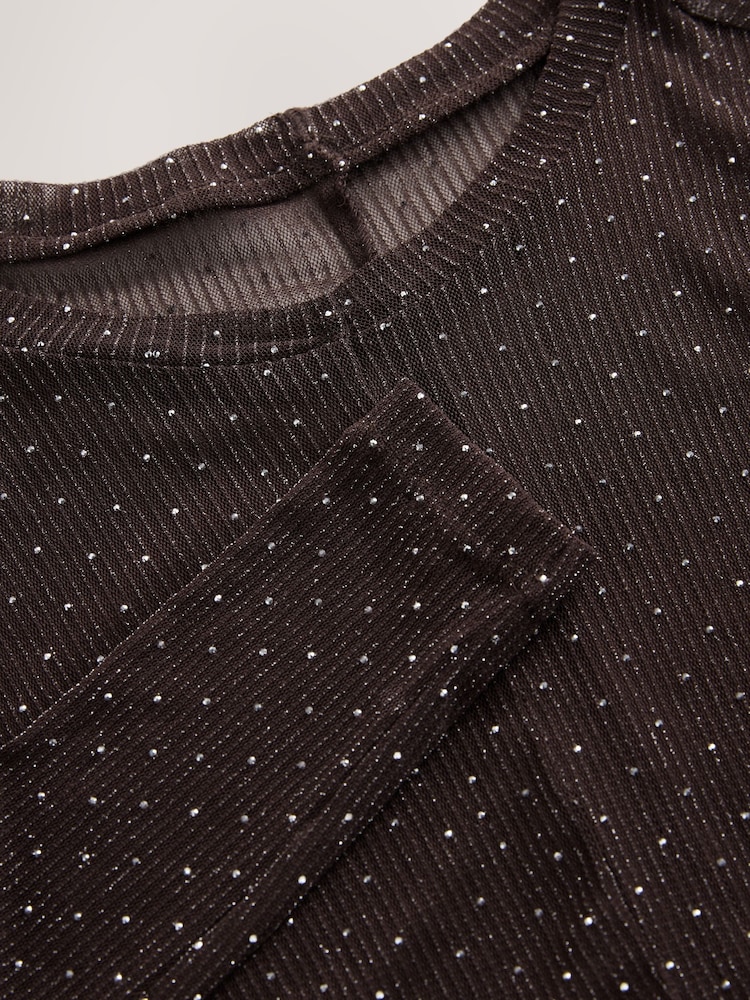 Chocolate Brown Crew Neck Sheer Sparkle Ruched Long Sleeve Top - Image 2 of 3