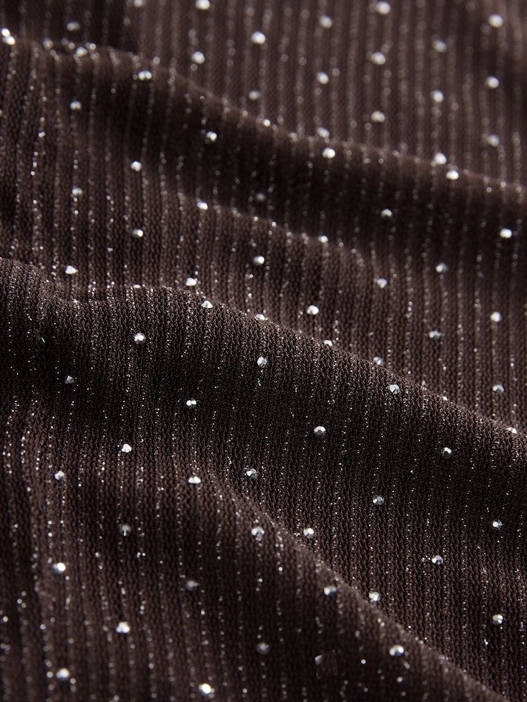 Chocolate Brown Crew Neck Sheer Sparkle Ruched Long Sleeve Top - Image 3 of 3