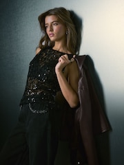 Black Lace Sequin Slash Neck Sleevless Top - Image 2 of 8