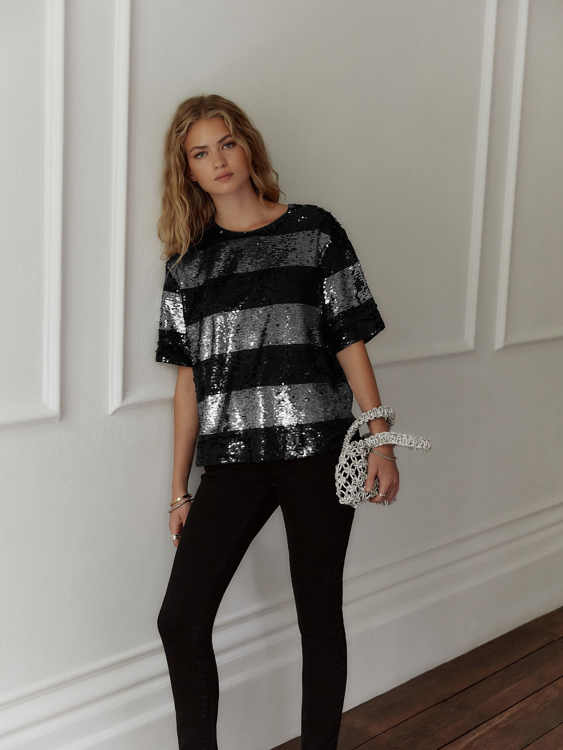 Buy Silver/Black Stripe Sequin Boxy Crew Neck T-Shirt from Next USA