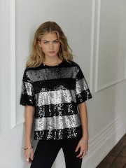 Silver/Black Stripe Sequin Boxy Crew Neck T-Shirt - Image 2 of 7