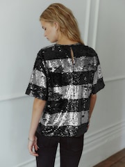 Silver/Black Stripe Sequin Boxy Crew Neck T-Shirt - Image 4 of 7