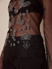 Black Beaded Mesh Long Sleeve Top - Image 6 of 6