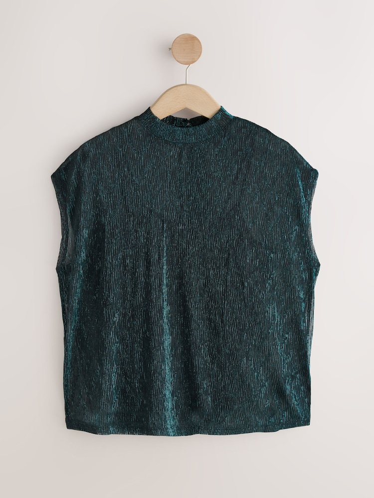 Green Metallic Sparkle Sheer Layer Cap Sleeve Top - Image 1 of 3