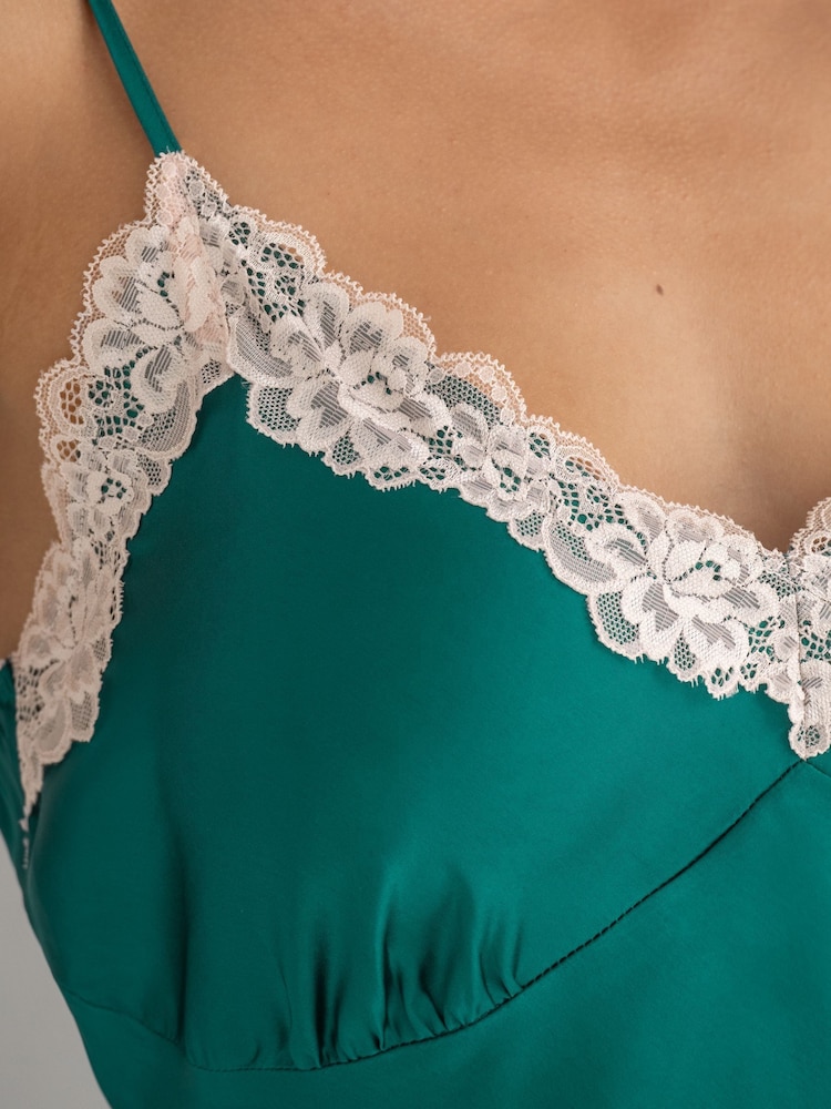 Pour Moi Green Dusk Satin and Lace Midi Chemise - Image 2 of 4