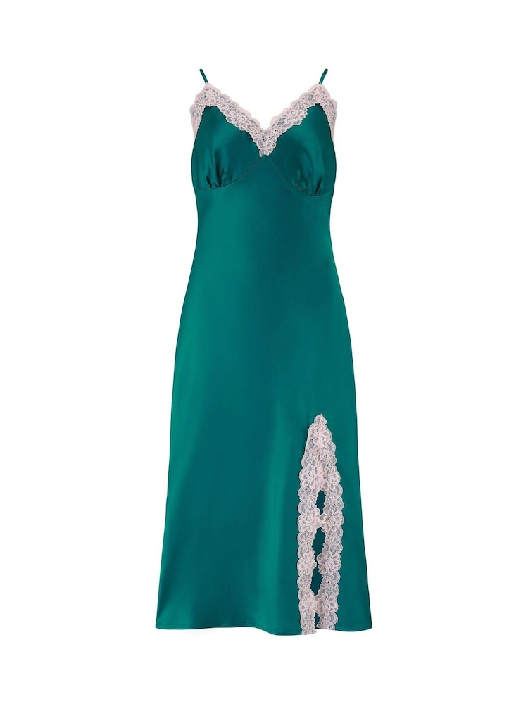 Pour Moi Green Dusk Satin and Lace Midi Chemise - Image 3 of 4