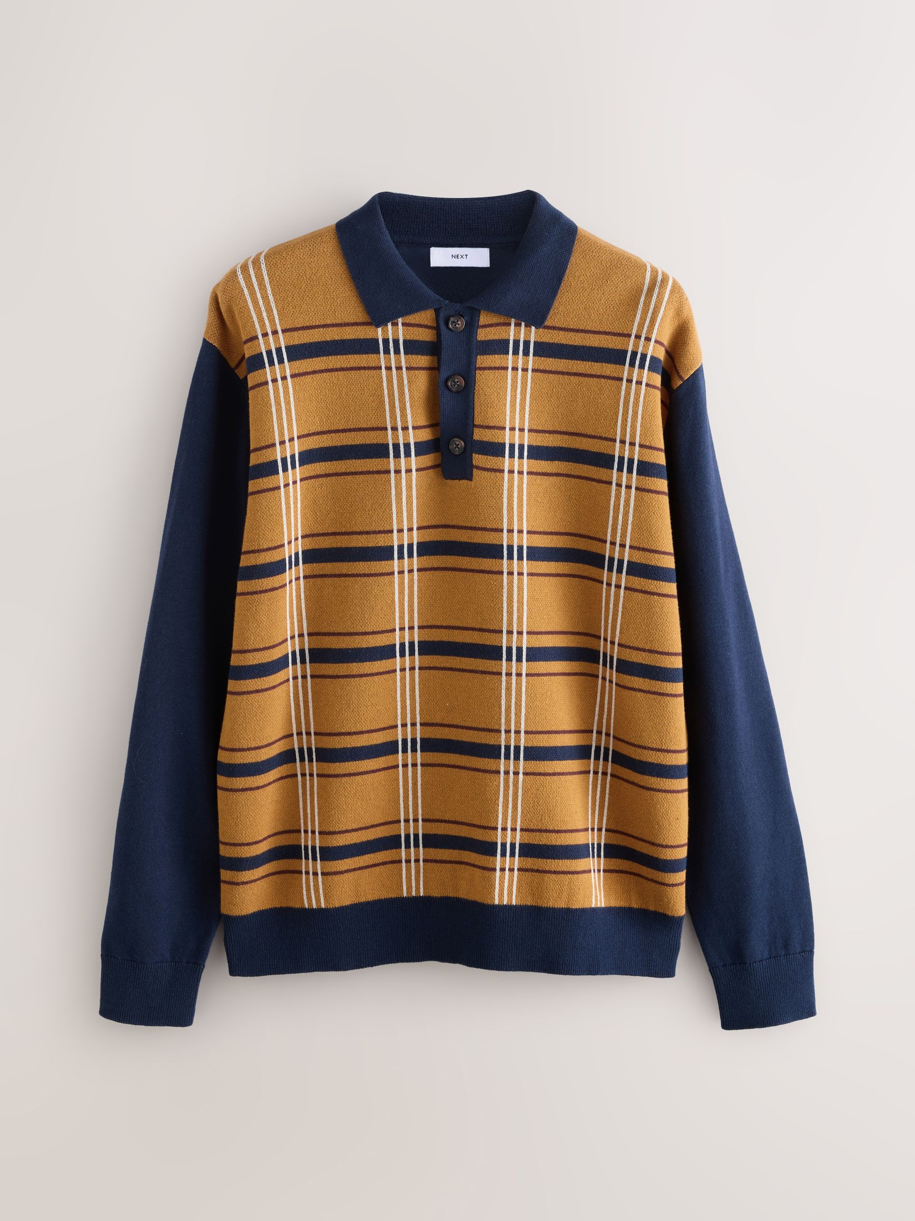 Buy Navy Blue/Mustard Yellow Button Neck Regular Fit Long Sleeve