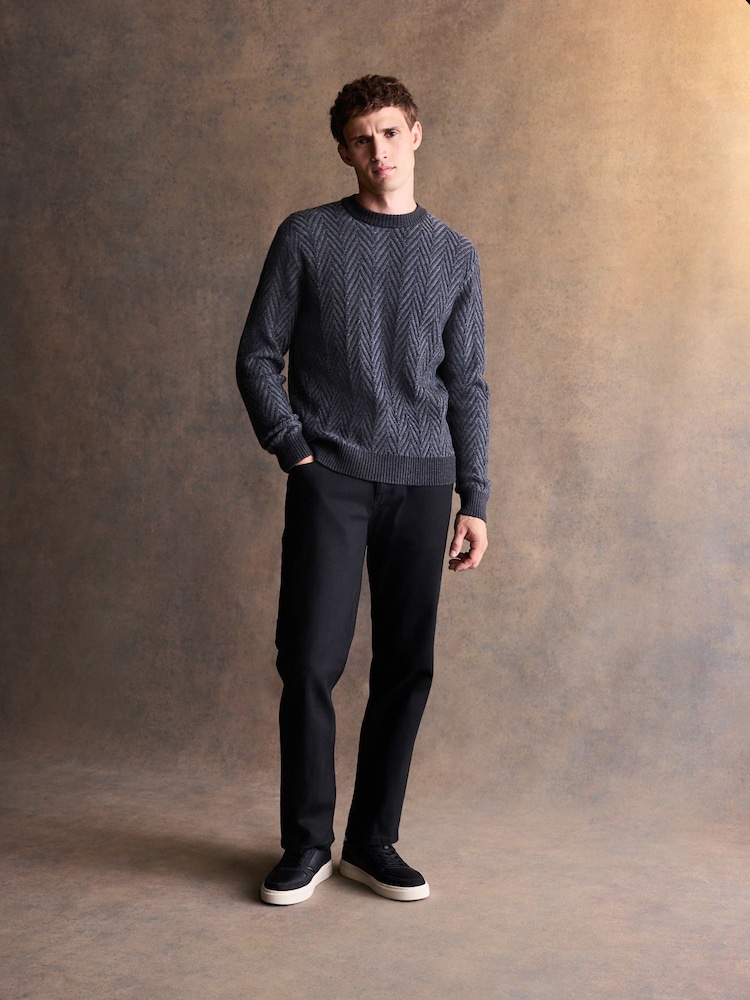 Charcoal Grey Regular Fit Herringbone Knit Crew Neck Jumper - Image 2 of 7