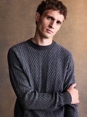 Charcoal Grey Regular Fit Herringbone Knit Crew Neck Jumper - Image 4 of 7