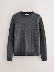 Charcoal Grey Regular Fit Herringbone Knit Crew Neck Jumper - Image 5 of 7