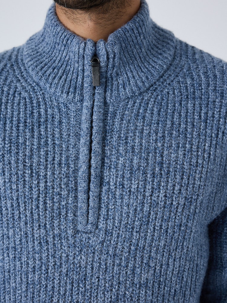 Blue Zip Neck Regular Fit Textured Knit Quarter Zip Neck Jumper with Wool - Image 5 of 5
