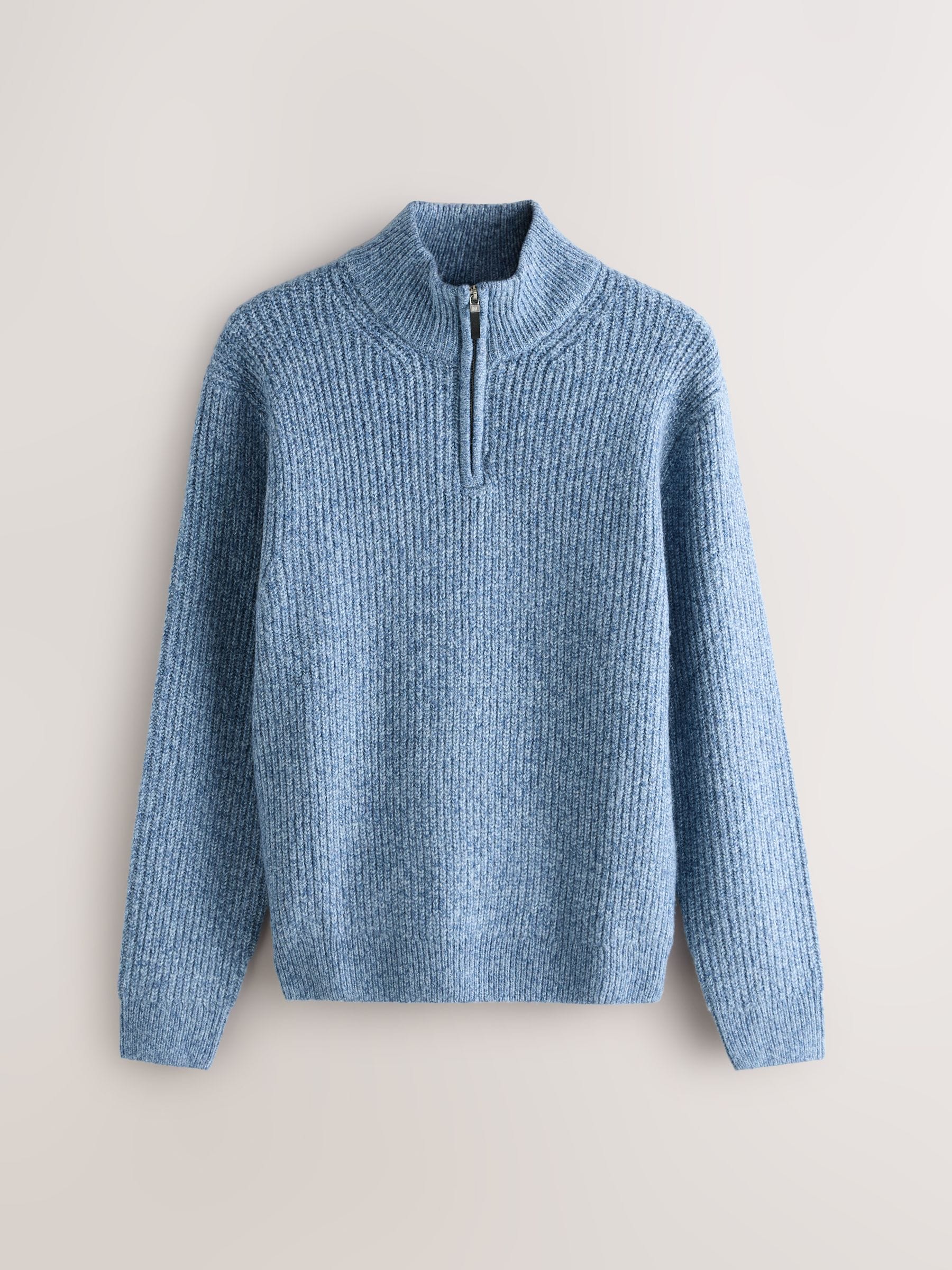 Buy Blue Regular Fit Textured Knit Quarter Zip Neck Jumper with