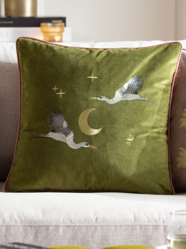 Paoletti Olive Moonlit Flight Embroidered Polyester Fill Cushion - Image 1 of 6