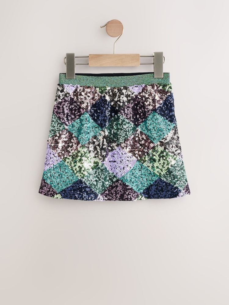 Green/Lilac Check Sequin Skirt (3-16yrs) - Image 1 of 4 Green/Lilac Check Sequin Skirt (3-16yrs) - Image 1 of 4