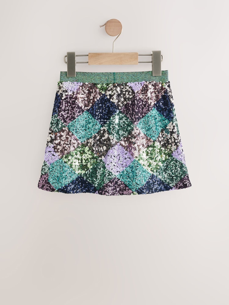 Green/Lilac Check Sequin Skirt (3-16yrs) - Image 2 of 4 Green/Lilac Check Sequin Skirt (3-16yrs) - Image 2 of 4