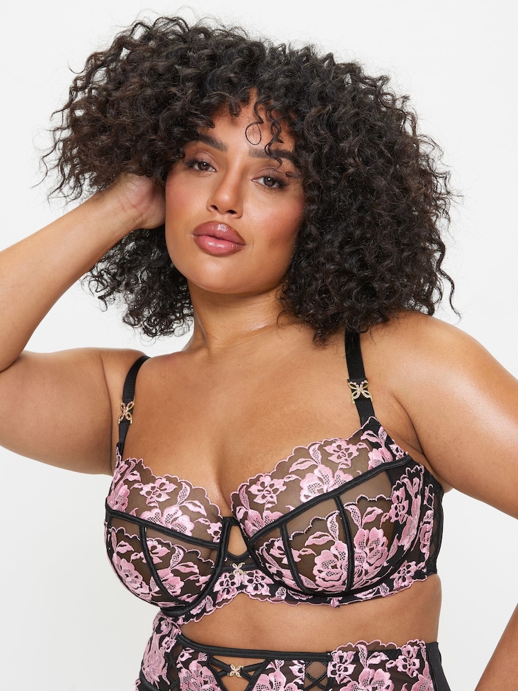 Ann Summers Black/Pink DD+ Non Pad Plunge Endless Attraction Foiled Embroidery Non Padded Plunge Bra - Image 1 of 4