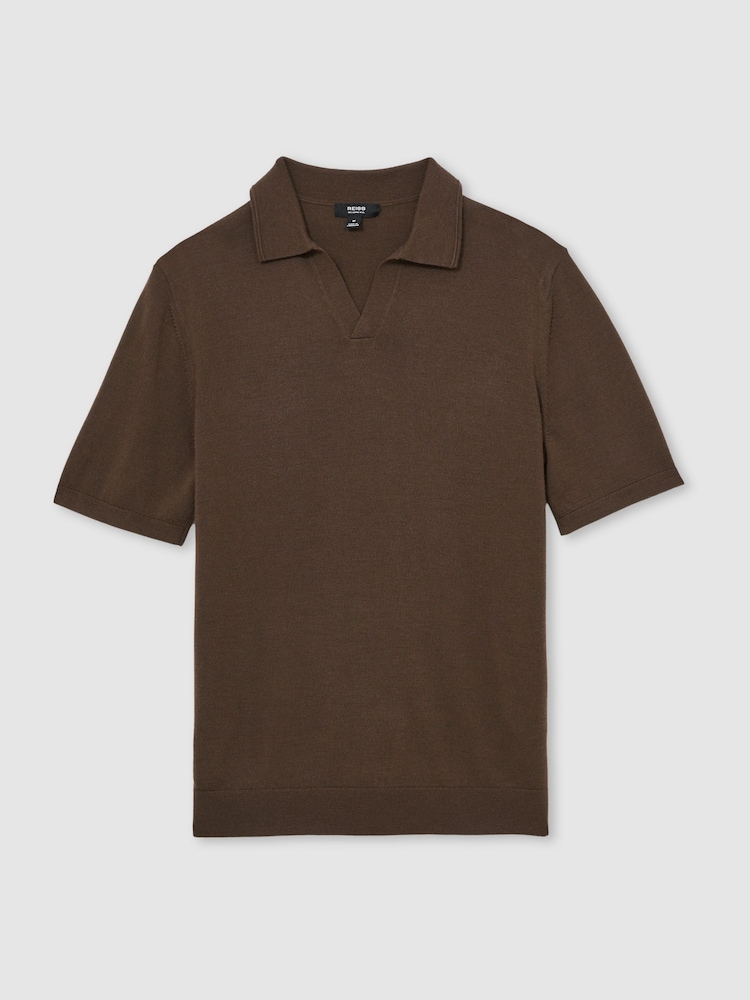 Reiss Chocolate Brown Duchie Merino Wool Open-Collar Polo Shirt - Image 2 of 5