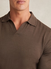 Reiss Chocolate Brown Duchie Merino Wool Open-Collar Polo Shirt - Image 3 of 5