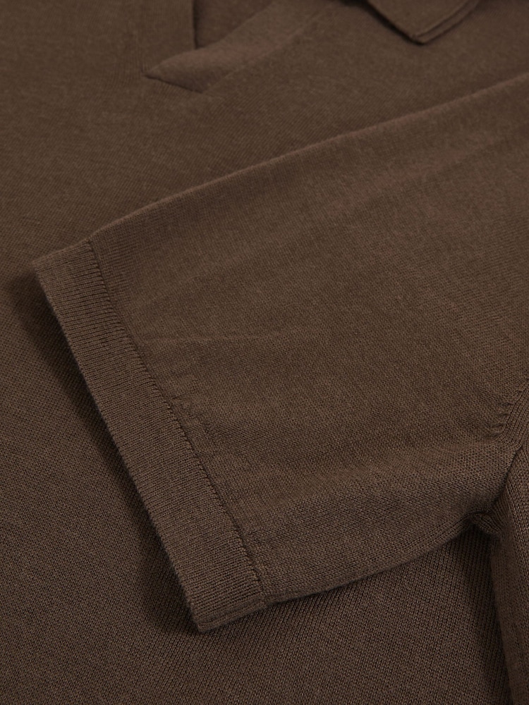 Reiss Chocolate Brown Duchie Merino Wool Open-Collar Polo Shirt - Image 6 of 6 Reiss Chocolate Brown Duchie Merino Wool Open-Collar Polo Shirt - Image 6 of 6