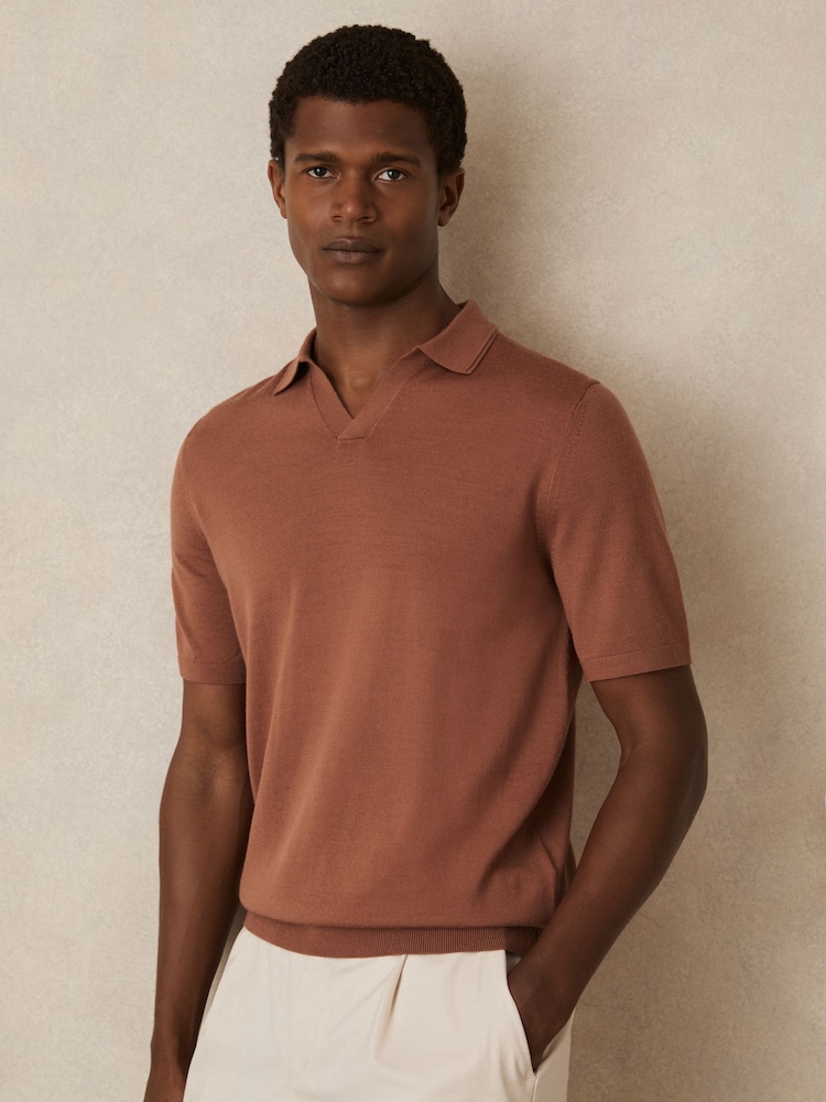 Reiss Cinnamon Brown Duchie Merino Wool Open-Collar Polo Shirt - Image 1 of 6