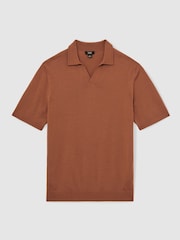 Reiss Cinnamon Brown Duchie Merino Wool Open-Collar Polo Shirt - Image 2 of 6