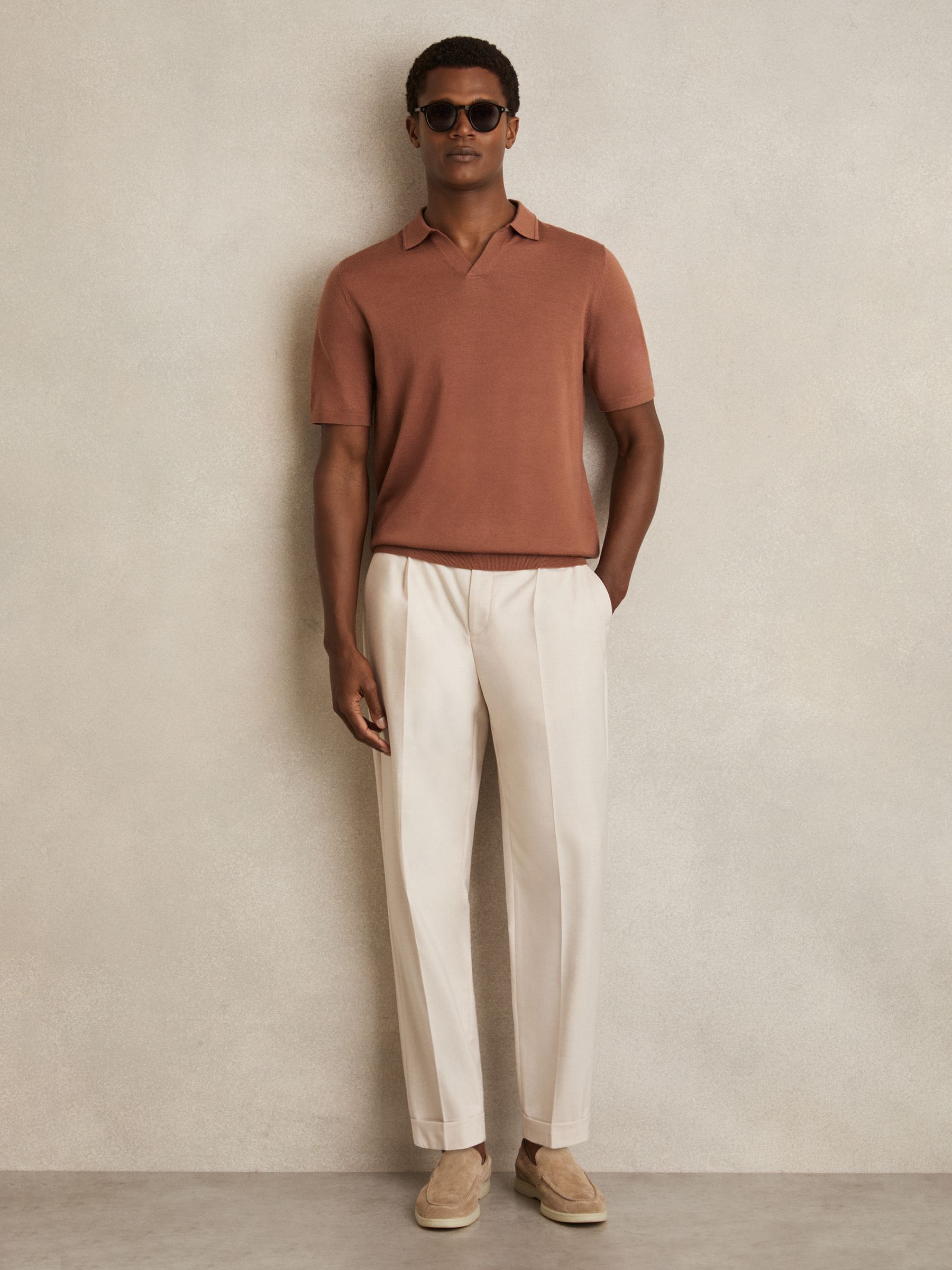 Buy Reiss Cinnamon Brown Duchie Merino Wool Open-Collar Polo Shirt
