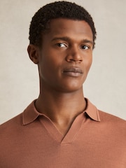 Reiss Cinnamon Brown Duchie Merino Wool Open-Collar Polo Shirt - Image 4 of 6