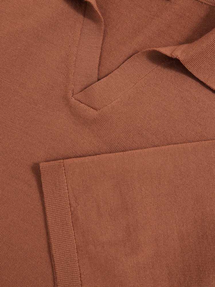 Reiss Cinnamon Brown Duchie Merino Wool Open-Collar Polo Shirt - Image 6 of 6