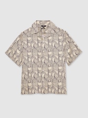 Reiss Off White/Navy Waver Wave Print Cuban Collar Shirt - Image 2 of 6