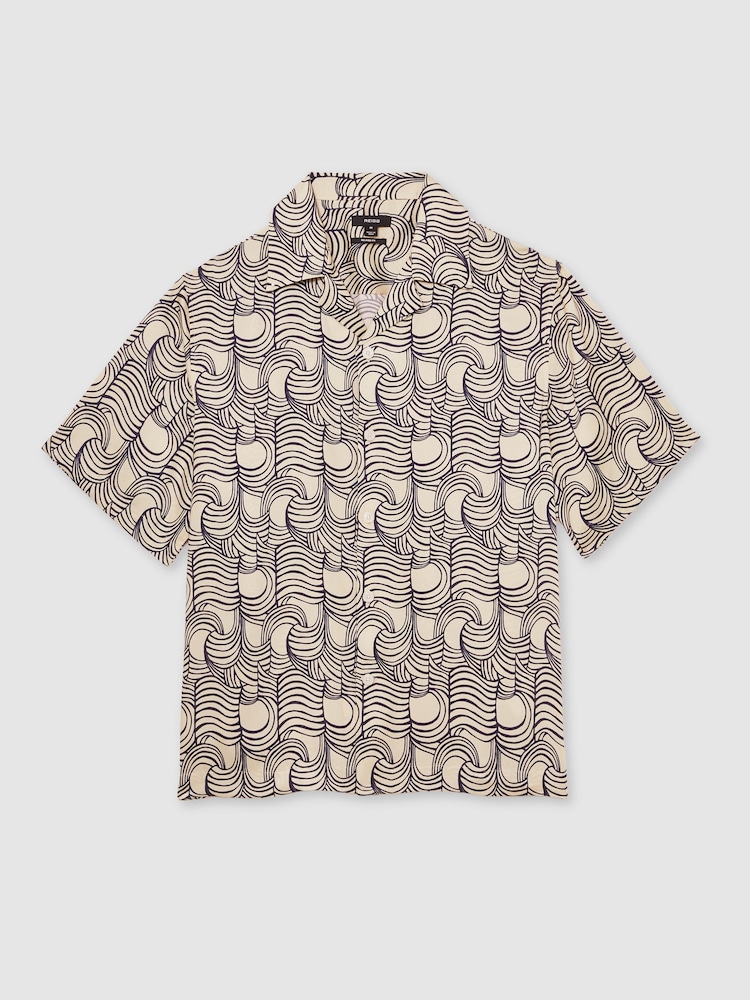 Reiss Off White/Navy Waver Wave Print Cuban Collar Shirt - Image 2 of 6