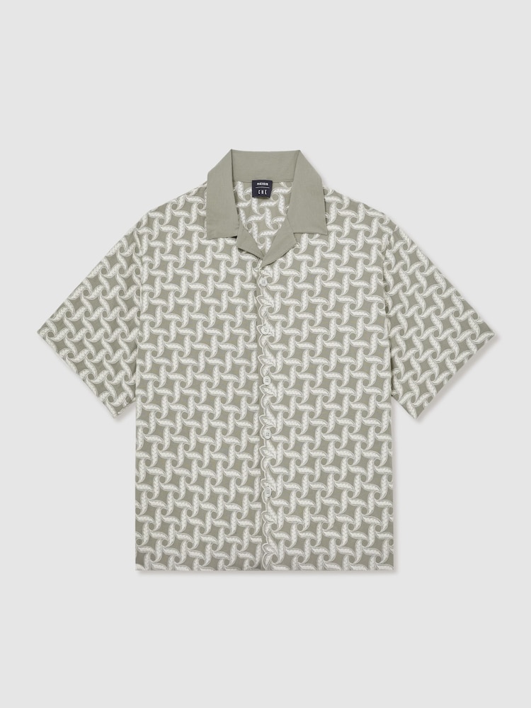 Reiss Sage Green Corvo Reiss | Ché Embroidered-Motif Shirt - Image 2 of 7