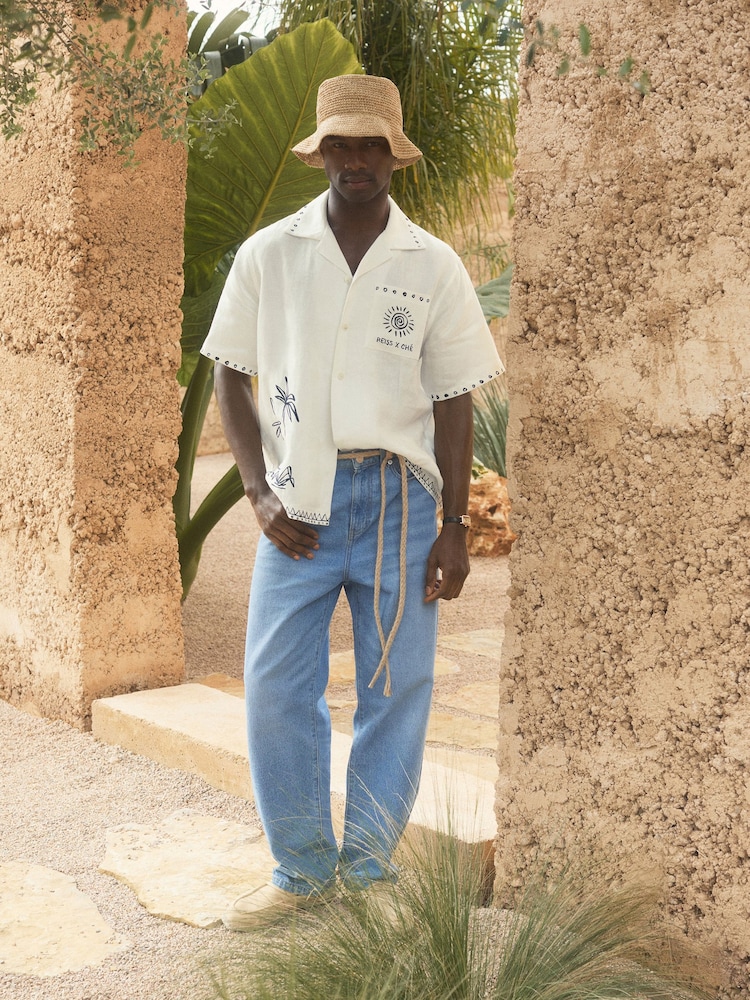 Reiss White Galera Reiss | Ché Cotton-Linen Palm Shirt - Image 1 of 8