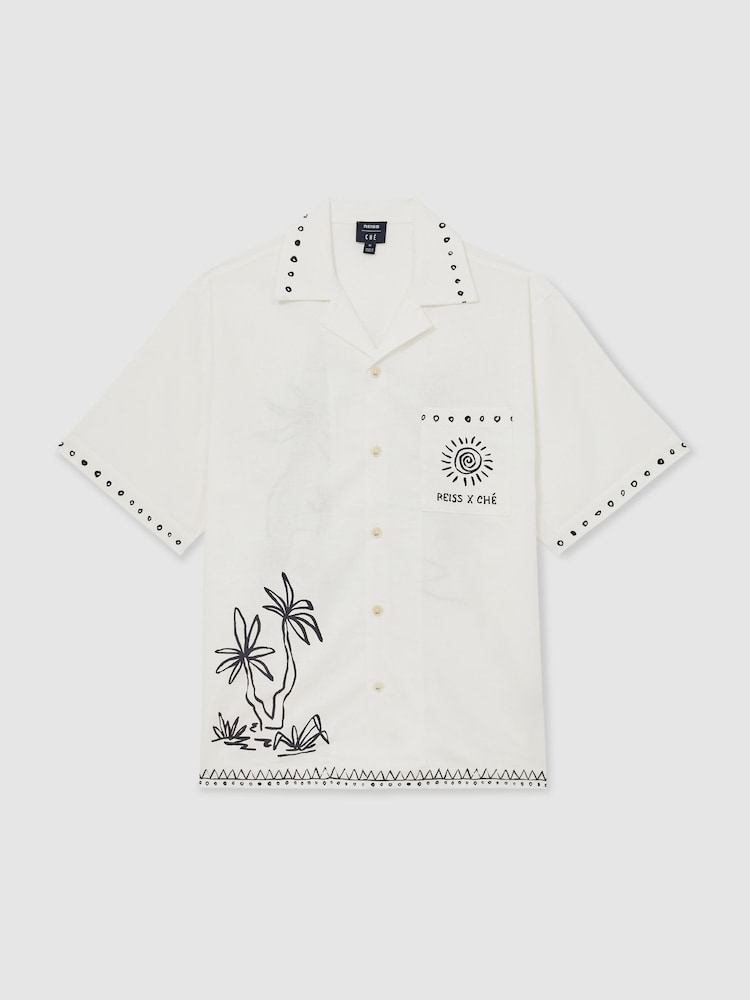 Reiss White Galera Reiss | Ché Cotton-Linen Palm Shirt - Image 2 of 8