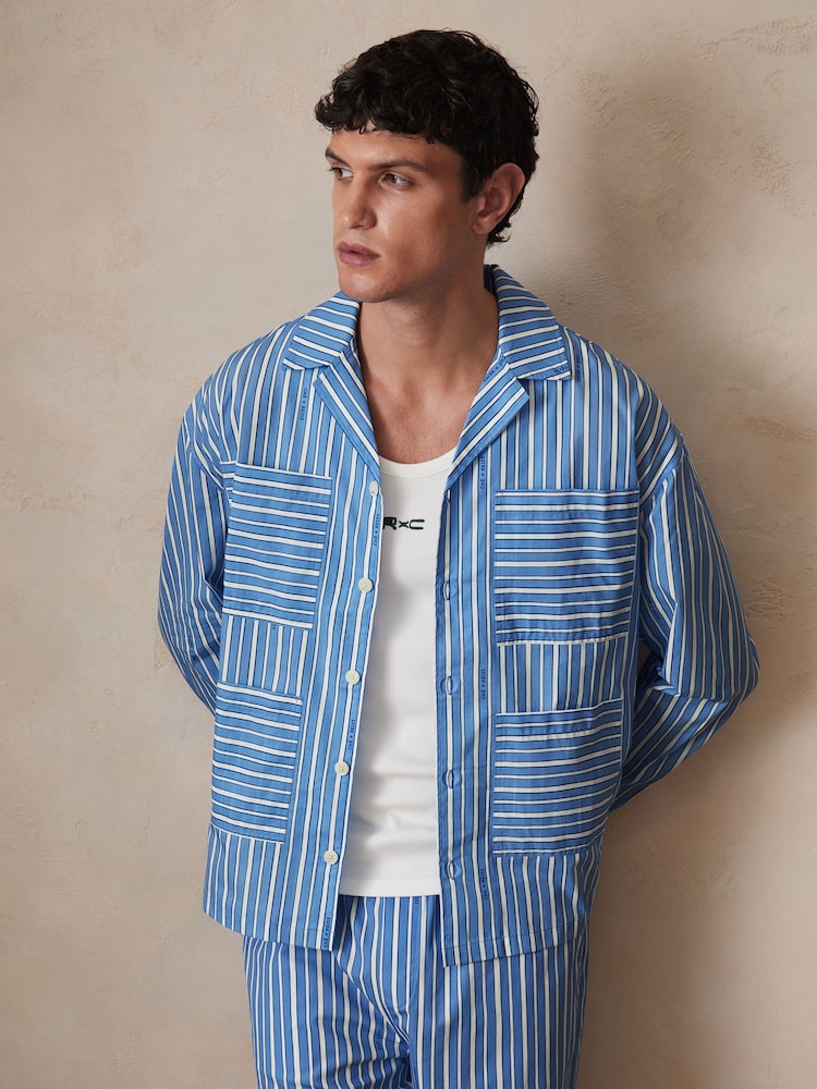 Reiss Bright Blue/White Fonta Reiss | Ché Poplin Stripe Pocket Shirt - Image 1 of 7