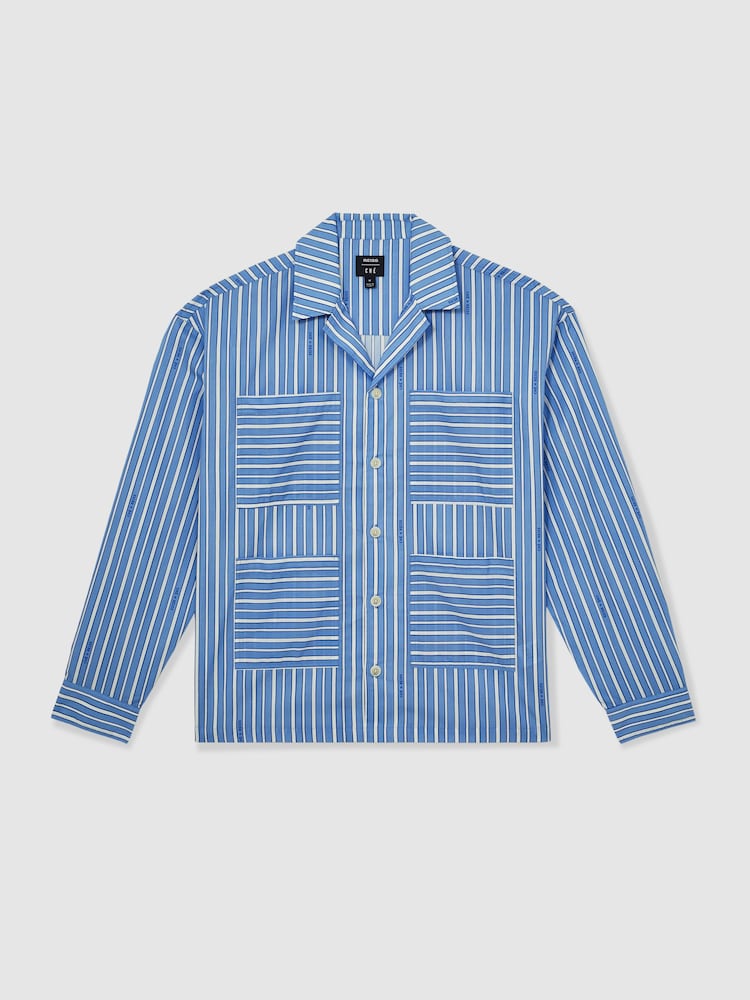 Reiss Bright Blue/White Fonta Reiss | Ché Poplin Stripe Pocket Shirt - Image 2 of 7