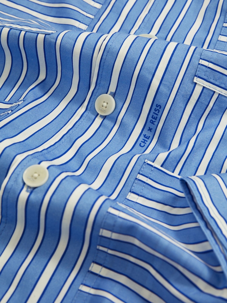 Reiss Bright Blue/White Fonta Reiss | Ché Poplin Stripe Pocket Shirt - Image 7 of 7
