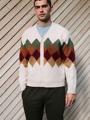 شوفاني متعدد الألوان - Relaxed Fit Argyle Cardigan with Wool - صورة 1 من 9