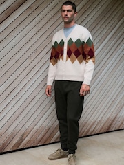 شوفاني متعدد الألوان - Relaxed Fit Argyle Cardigan with Wool - صورة 2 من 9