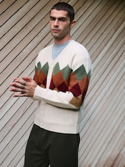 شوفاني متعدد الألوان - Relaxed Fit Argyle Cardigan with Wool - صورة 3 من 9