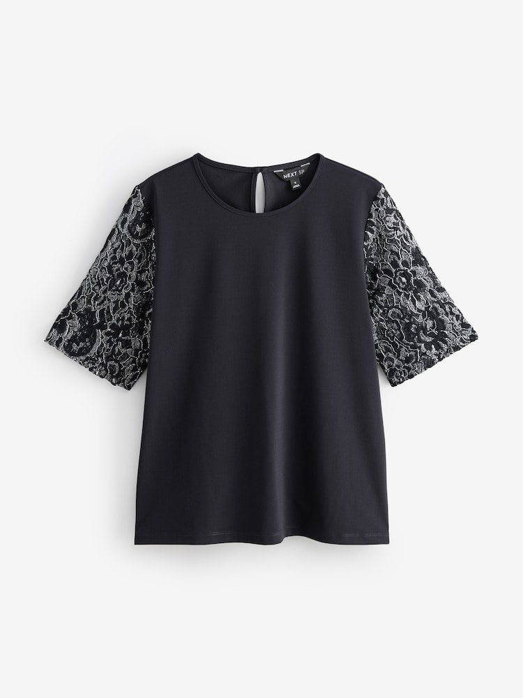 Black Lace Sleeve T-Shirt - Image 1 of 1