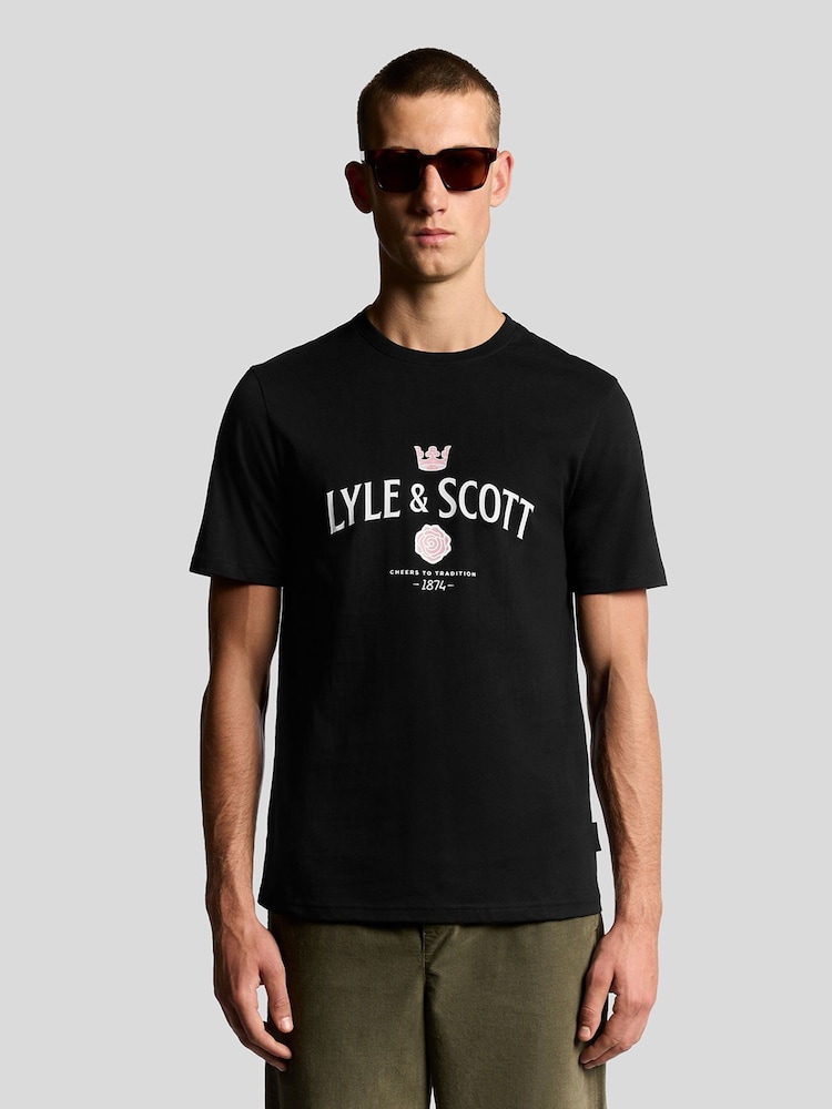 Lyle & Scott Black Cheers To Tradition Graphic Print T-Shirt - Image 1 of 5