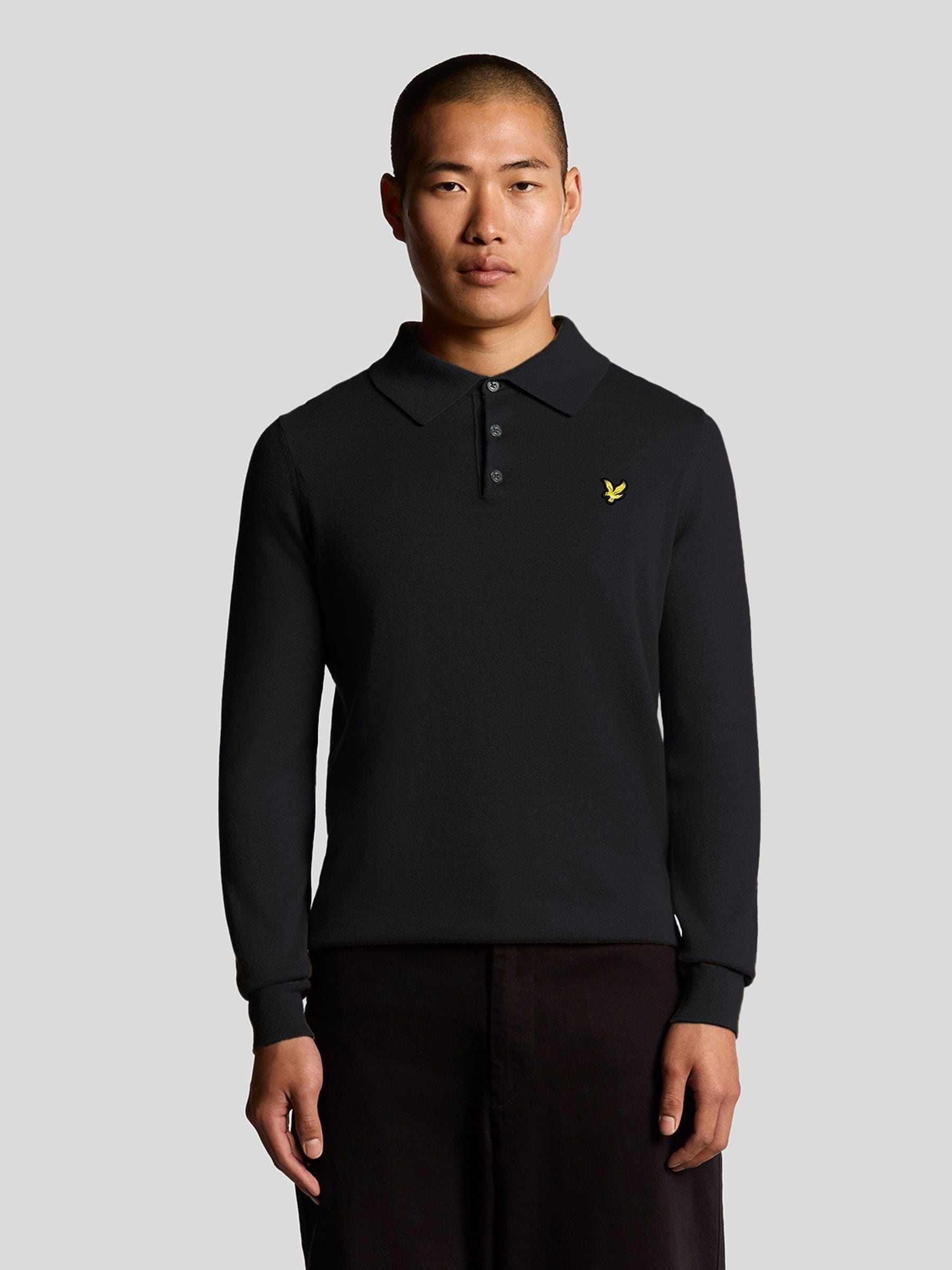 Lyle & Scott Men's Blue Cotton Merino Long Sleeve Knitted Polo Shirt - Image 3