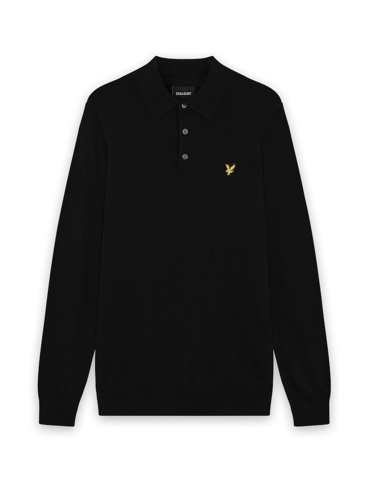 Lyle & Scott Black Cotton Merino Long Sleeve Knitted Polo Shirt - Image 5 of 5