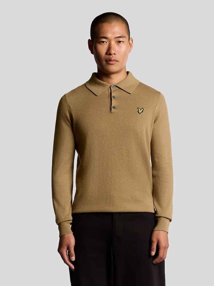 Lyle & Scott Brown Cotton Merino Long Sleeve Knitted Polo Shirt - Image 1 of 5