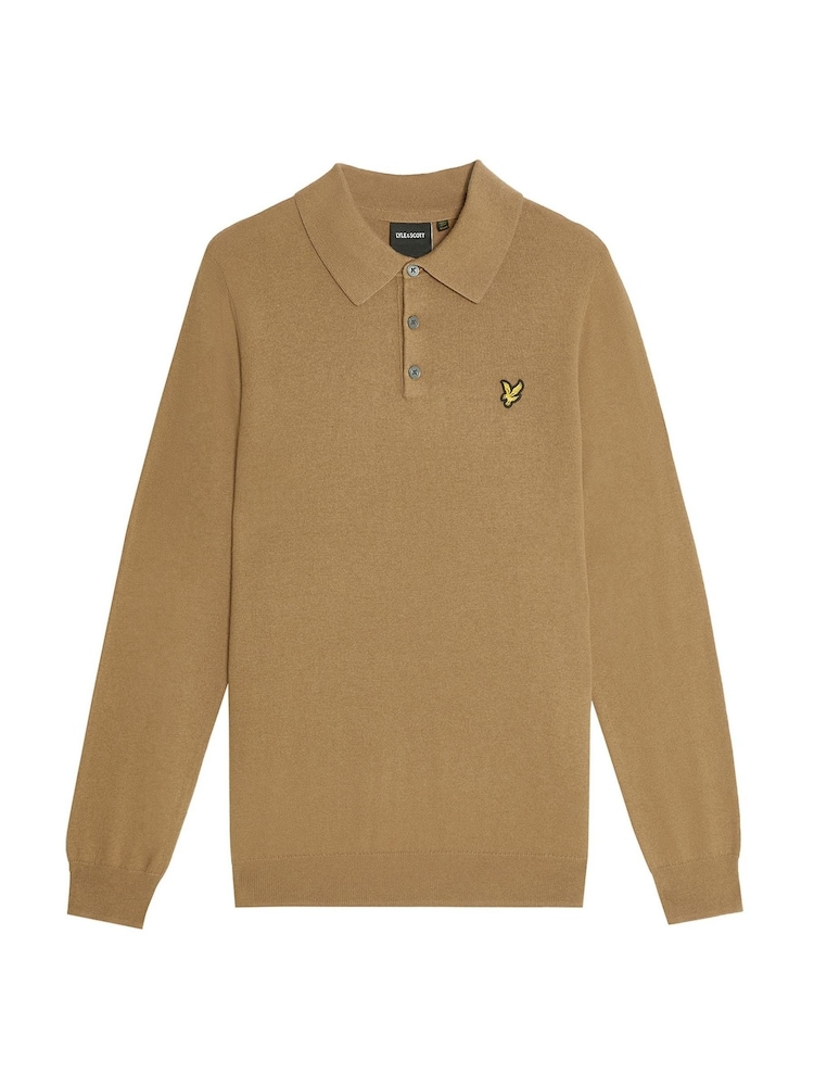 Lyle & Scott Brown Cotton Merino Long Sleeve Knitted Polo Shirt - Image 5 of 5